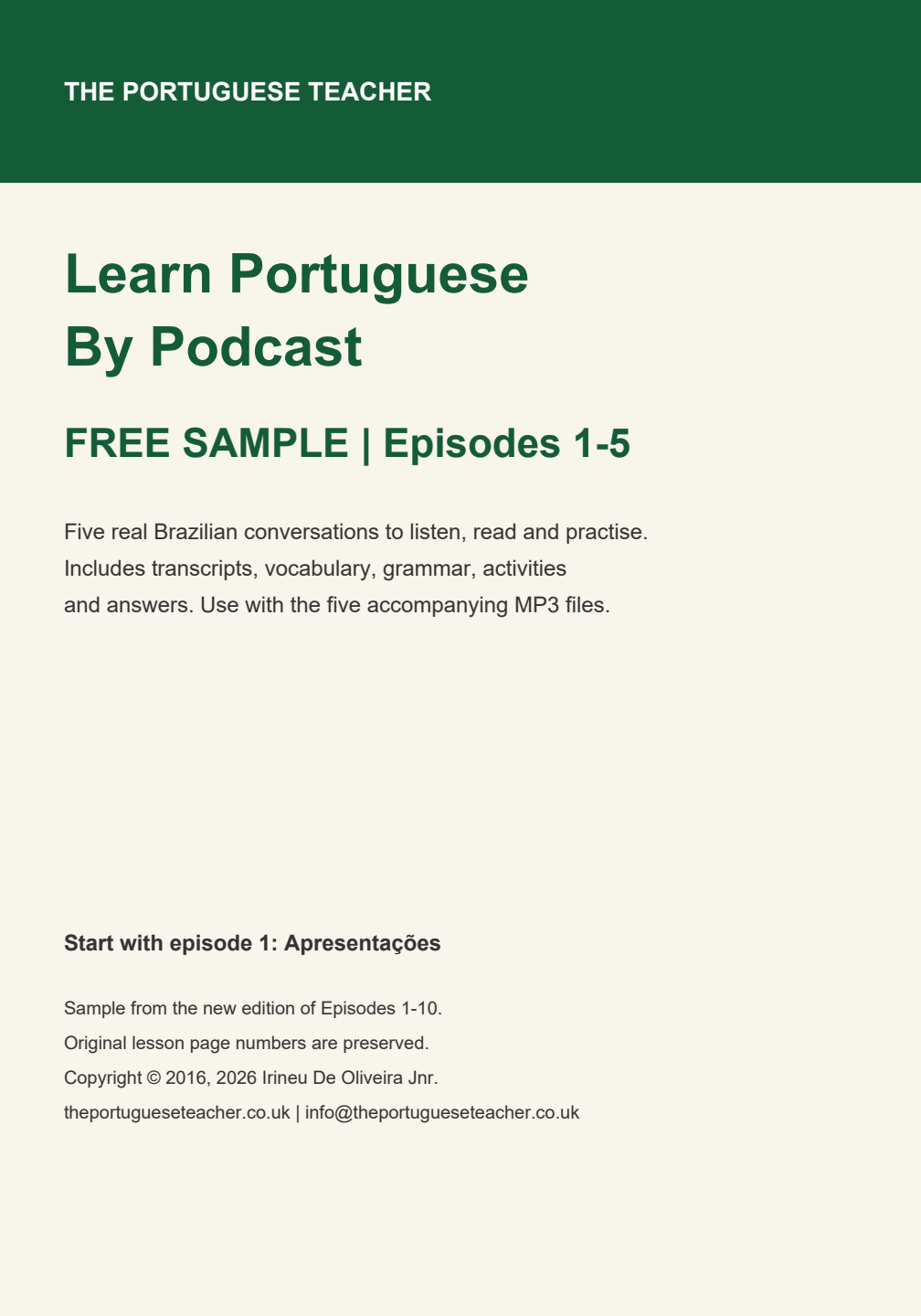 Learn Portuguese By Podcast – Free Sample: Episodes 1–5 (PDF + Audio)